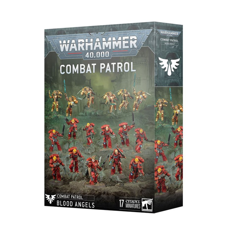 A Warhammer box titled "Combat Patrol: Blood Angles" with a display of red miniatures atop a green background.