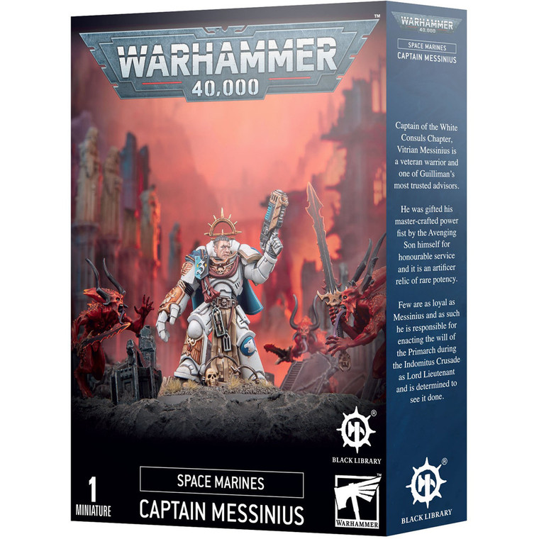 Warhammer 40,000 box featuring White Consuls Captain Messinius surrounded by Demons in stone ruins.