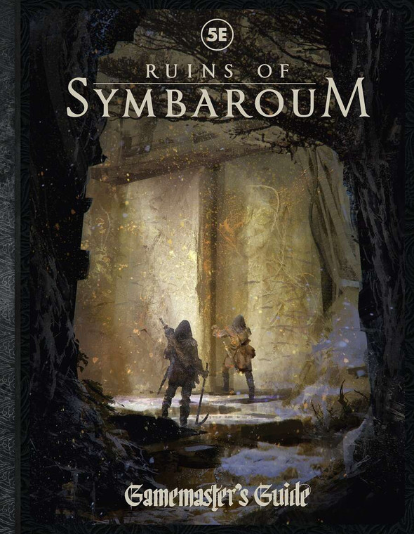 The cover of the book "Ruins of Symbaroum RPG: Gamemaster's Guide". The title "Ruins of Symbaroum" is at the top, and "Gamemaster's Guide" at the bottom. In the illustration, we see a titular ruin, and a silhouette of wilderness being at the foreground, yet with no direct focus. There are two adventurers with adorned spelunking gear, with a high fantasy style. The color palette feature dark, gloomy, yet natural greens and browns.