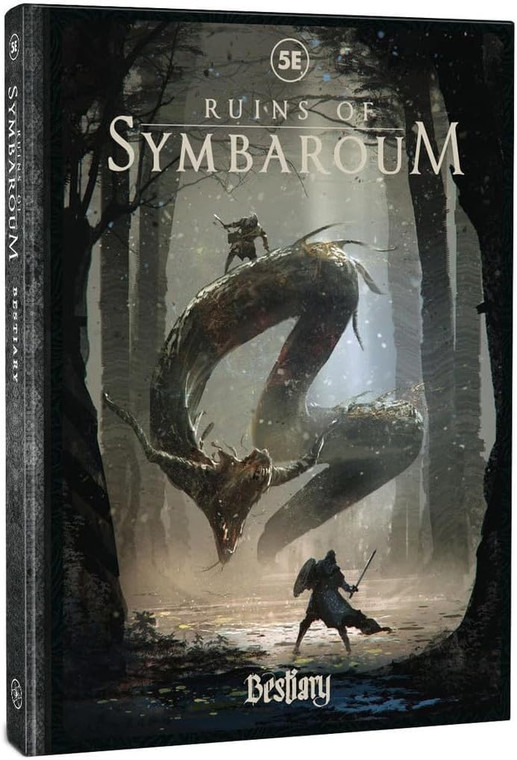 A photo of the cover for the book, "Ruins of Symbaroum RPG: Bestiary (5E)". Two adventurers are seen pursuing a giant serpent, one on the ground, and the other latched to the back of the creature, in the middle of a forest. The "Ruins of Symbaroum" title is at the top, and "Bestiary" is at the bottom. Color palette features gloomy, serious, and pale greens and blacks.