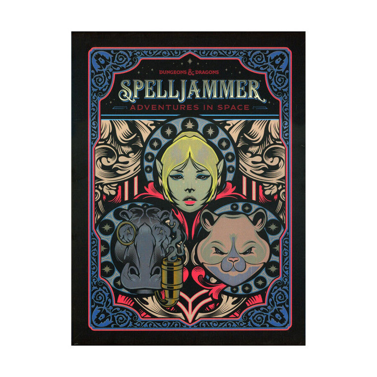 An RPG box set titled " Spelljammer - Adventures In Space Box Set - Alternate Cover" in elegant font at the top of the cover.  The art is framed in a filigree-lined border and depicts three faces in triangle atop a dark background and surrounded in leafy designs, as well as strips of stars.  The bust on the bottom left depicts a hippo with a monocle and a smoking pipe.  To their right is a hamster with tan fur and a determined, almost maniacal expression.  Above them both is a pale-skinned, blonde-haired, feminine person with blue eyes and pointed ears.