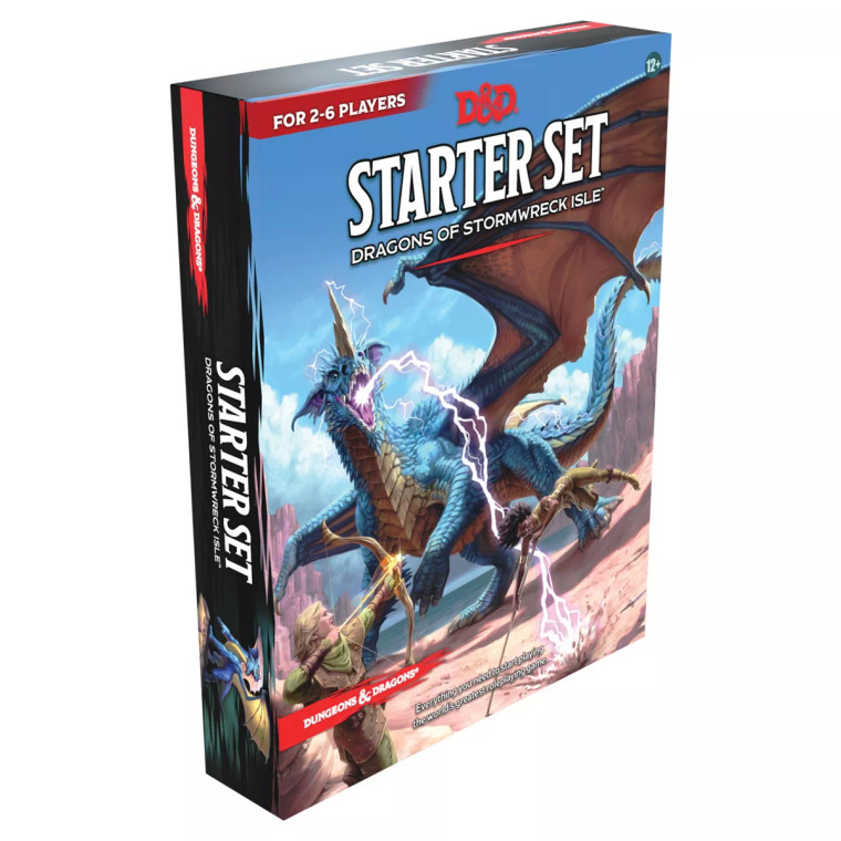 A Dungeons and Dragons box titled "Starter Set - Dragons of Stormwreck Isle" in white font at the top of the cover.  The art on the box is an action-packed scene of a battle between a blue dragon and two party members.  The dragon is a blue that matches the sky behind it with spiny scales, membrane wings, and a jagged horn in the center of its forehead. Both the horn and the underside of the mighty beast matches the sandy beach that it battles on.  The two people dodge its lightning breath.  The leftmost is a masculine person with pale skin and hair - the latter almost shoulder length and straight - light green and brown cloth and leather armor, and a bow drawn back with a glowing golden arrow notched at the ready.  The other party member is a feminine person with dark skin and dark, tightly curled hair.  Atop their brow sits a golden band that matches two bands around their upper arms, and they wear pale green cloth and leather armor.  They gracefully launch themself over the striking lightning's ribbon with a wooden staff.