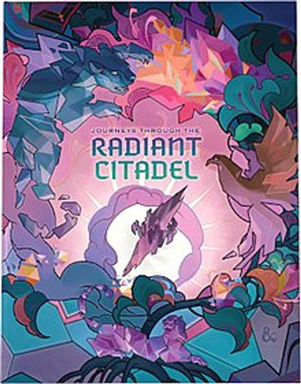 An RPG book titled "Journeys Through the Radiant Citadel" in blue and green gradient text in the center of the cover.  The art around it is characterized by pastel and gem-toned colors: primarily blue-greens, purples, and oranges reminiscent of a sunset.  A crystal wrapped in landmasses floats in the center - the Radiant Citadel - and around it swirls strips of cloud and crystalline figures.  A panther-like creature made of harsh-cut, blue crystal leaps in the upper lefthand corner, and orange and pink bird flies on the middle-right side, and a flower with deep green leaves and red, orange, yellow, and pink petals sways at the bottom.