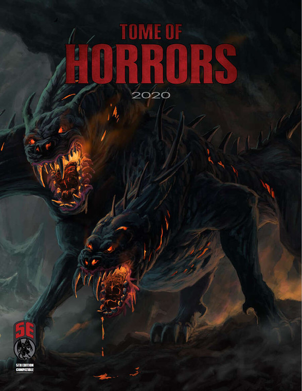 An RPG book titled "D&D 5E: Tome of Horrors 2020" in bold red letters at the top of the cover.  The art depicts a large canid with black skin and three heads, each with fiery maws stretched and straining forward toward the foreground.  Behind the Cerberus is a stony, desolate scene that can be assumed to be a section of the Underworld, the traditional native environment for puppies of his kind.