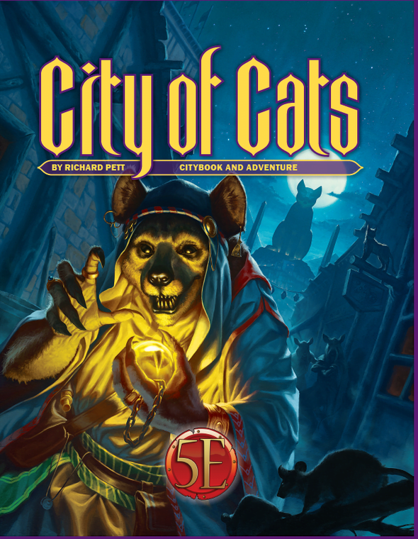 An RPG book titled "City of Cats" in gold, Times font.  The art depicts a darkened city street lit by moonlight.  In the foreground, a hyena (gnoll?), which are distinctly neither feline nor canine, is illuminated by a golden glow emanating from an orb with a slit in the middle akin to a cat's eye that they carry in their paw.  They are cowled and enrobed in light fabric with patterned belts and strips framing their face, and pouches hanging from their side.  A smile pulls at their muzzle, revealing rows of sharp fangs.