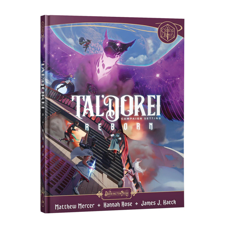 An RPG book titled "Tal'Dorei 5E Campaign Setting Reborn" in a gothic, glowing white font in the center of the cover.  The art depicts five figures charging across the deck of an airship toward a large, winged creature made of stars, constellations connected by bright lines, and purple light.  The ship itself looks like a European-style sail ship, save for the fact that it is clearly gliding through open sky and away from the charging winged beast.  The adventurers are all seemingly clad in cloth, some poised with magic in hand and others blades.