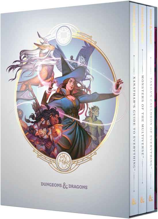 The Rules Expansion Gift Set box featuring art of Tasha and various D&D characters and monsters on a white background.
