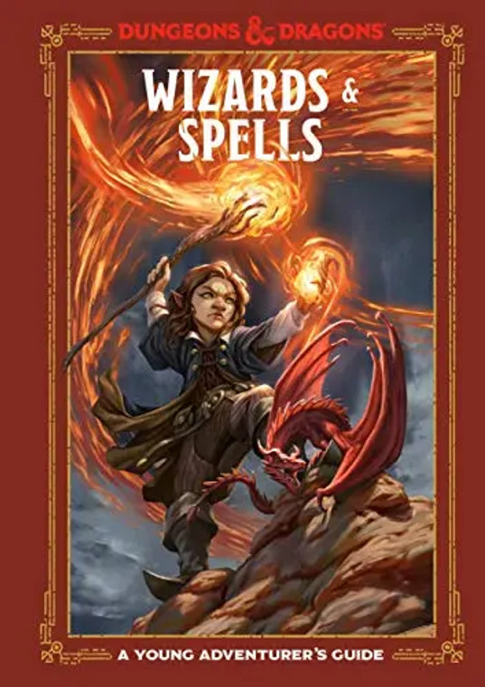 An RPG book titled "Dungeons & Dragons RPG: A Young Adventurer`s Guide - Wizards and Spells" in white font at the top and bottom of the cover.  The art is framed in a burnt red border with gold, art deco detailing.  The cover depicts a pale skinned, dark haired halfling mid-spell.  They wear a tan and blue over coat atop a mixture of cloth and leather garb, lending a dramatic flare and their spell whips the air around them.  The hold a gnarled staff with a splintered end overhead, the end of which glows with the seat of a burst of magic that glows like flame and illuminated the rock they stand upon.  The magic trails around and above them like a great ribbon of power.  In their free hand glows a similar ball of energy, possibly the work of the magic coming from here and being directed by the quarterstaff like a needle pulls thread from a spool. 
 Beside their boot perches a little red dragon, mouth spread wide in what we can only assume is a fearsome battle cry.