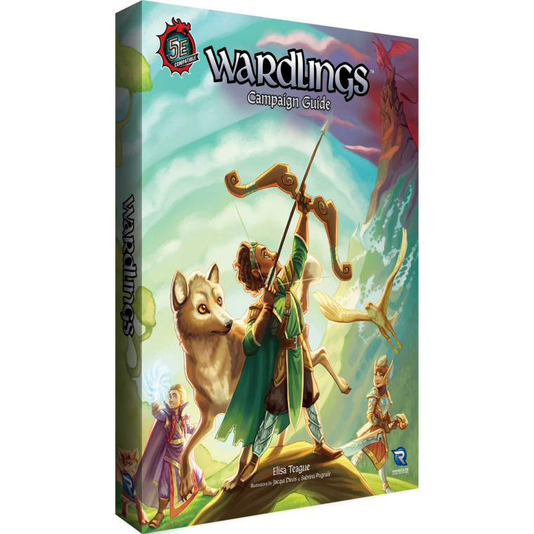 An RPG book titled "Wardlings: Campaign Guide" in large, silver font at the top of the cover.  The art depicts four figures, three of which are small humans and one who is a wolf.  The center figure is closest to the foreground and has the wolf is standing behind them.  They are a small ranger with tan skin, medium-length locked hair pulled away from their face by a pair of gold and green goggles, and green eyes.  Their armor is green, silver, and gold with mail, leather, and cloth elements.  They aim an arrow up into the sky.  Behind them are two fair skin party-mates, one with gold and silver plate armor, a large sword and long brown hair; the other has blonde hair pulled back, purple robes, and a spell glowing blue in their raised hand.  All figures stand in a field with a blue sky above.  In the upper right hand corner is a shroud of darkness over a rocky cliff where a red dragon perches.