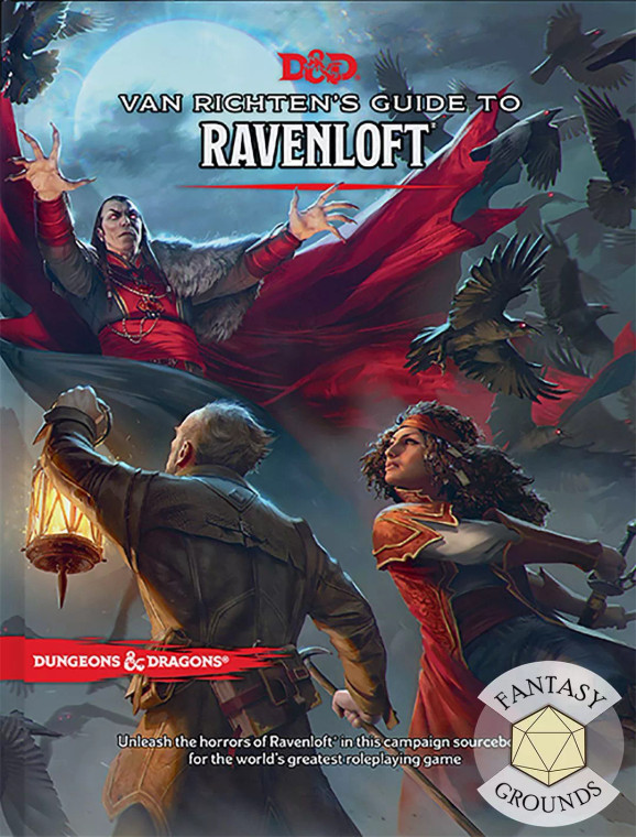 A hardcover D&D book titled "Van Richten's Guide to Ravenloft" in bold, white Time font.  The art depicts a vampire with his red cape flowing around him dramatically, his clawed hands outstretched as he looms over two people, one holding a lantern and the other wielding a sword.  Crows with red eyes to match the vampire's fly around him, and a full moon hangs bright in the night sky.