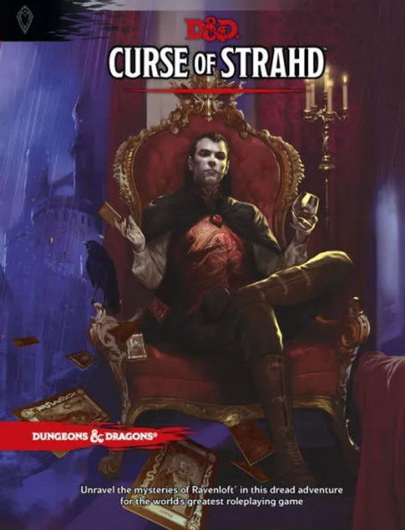 A hardcover D&D book titled "Curse of Strahd" in bold, white Times font.  The art depicts a man with long, dark hair slicked back to reveal his pale face.  He wears similarly dark, distinguished clothing and sits atop a red and gold throne with his legs casually crossed.  In one hand is a glass with red liquid sloshing in it, and the other holds a card between his fingers as a deck drifts toward the ground.  Behind him is a sliver of Ravenloft Castle surrounded by heavy rain.