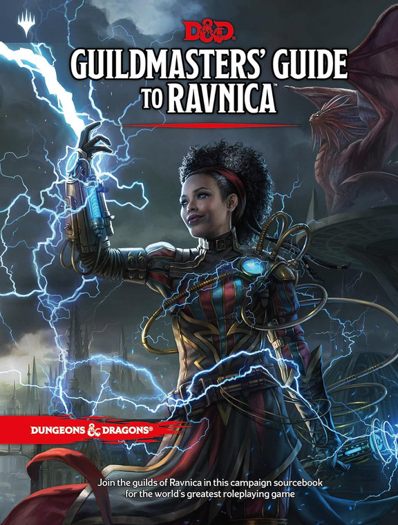D&D book cover featuring art of a woman stand on top of a building with mechanical armor and electricity flowing over her. In the background is the city and a red dragon perched on top of another building.