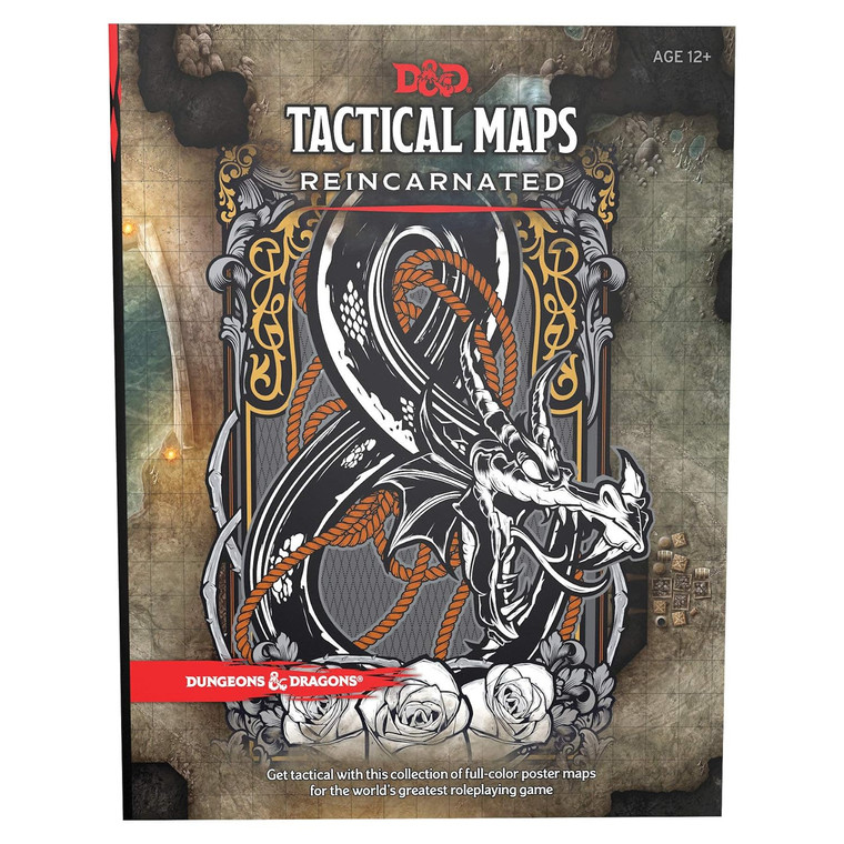 Tactical maps cover featuring the D&D logo on an ornate border with roses and rope. Behind the logo is a sample map.