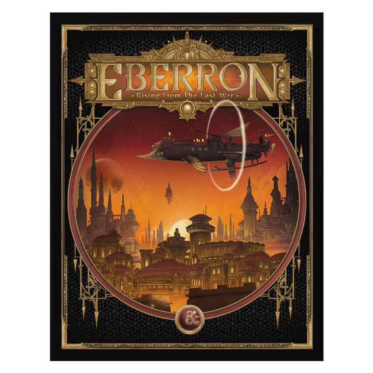 D&D book cover featuring art of an airship flying through the sky of an ornate city. The sun is setting which is casting an orange hue over everything. There is a single moon like celestial body in the sky.