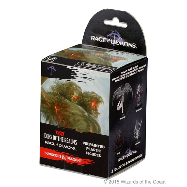 A Rage of Demons booster box featuring art of a two headed monsters that is glowing red and images of potential miniatures found inside.