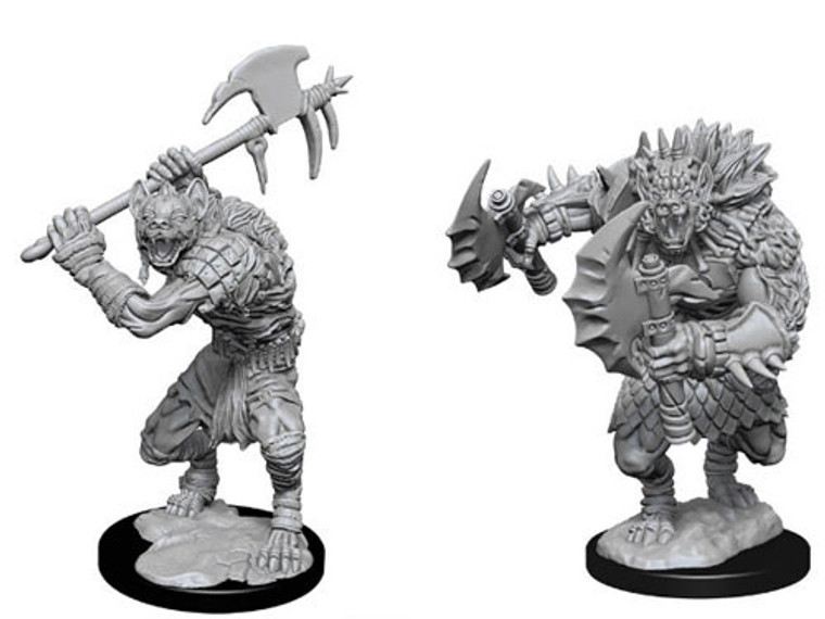 Two unpainted Gnoll miniatures on a white background.