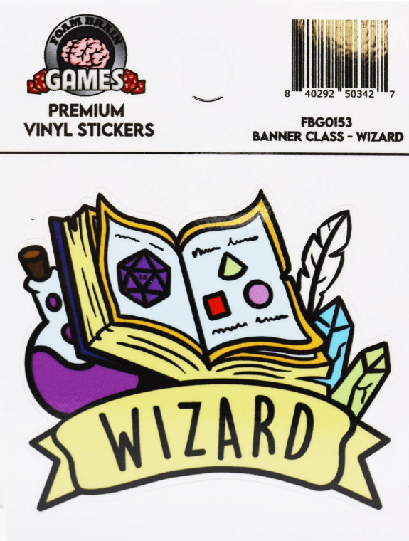 open book, potion bottle, feather, and crystals in a cartoon-style illustration with text on banner