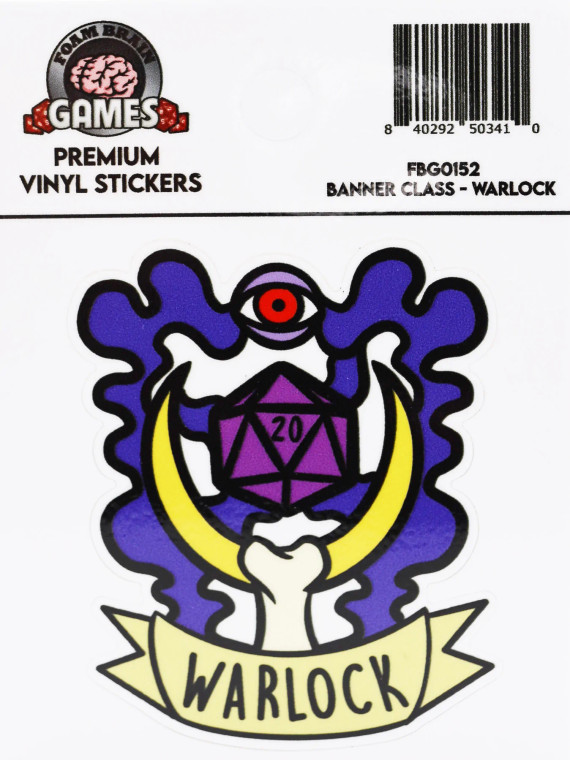 crescent moon, bone, floating eye, purple smoke and a d20 in a cartoon-style illustration with text on banner