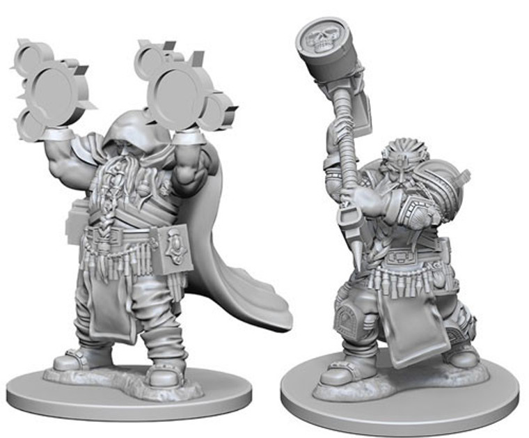 Two unpainted Male Dwarf Cleric miniatures on a white background.