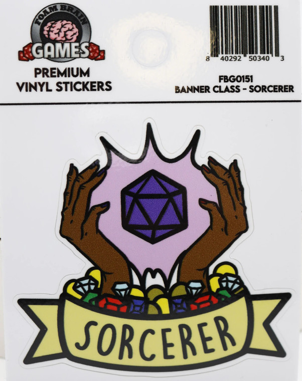 two hands with d20 between them coming out of diamonds and gems in a cartoon-style illustration with text on banner