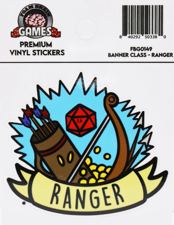 bow, arrow, quiver, gold, and a d20 in a cartoon-style illustration with text on banner