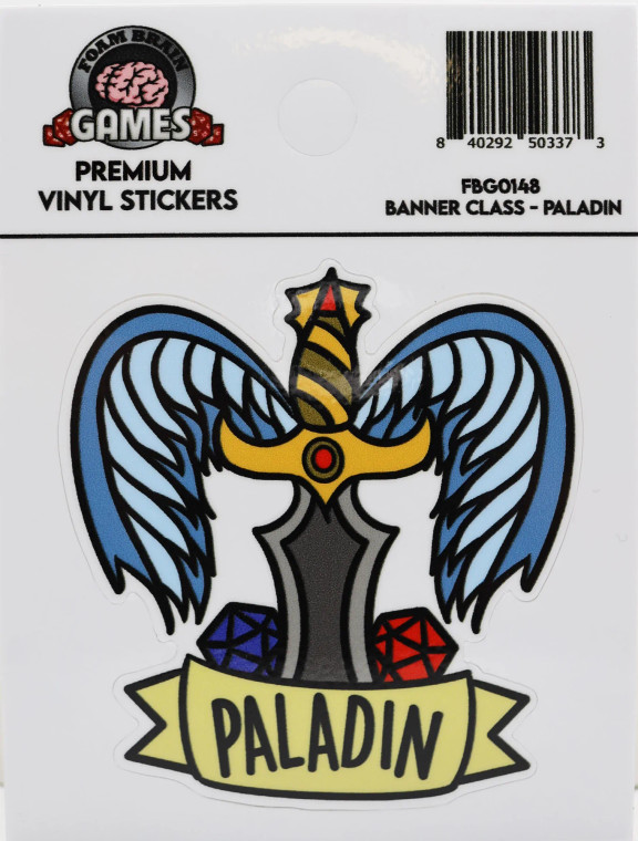 sword with blue wings and two d20s in a cartoon-style illustration with text on banner