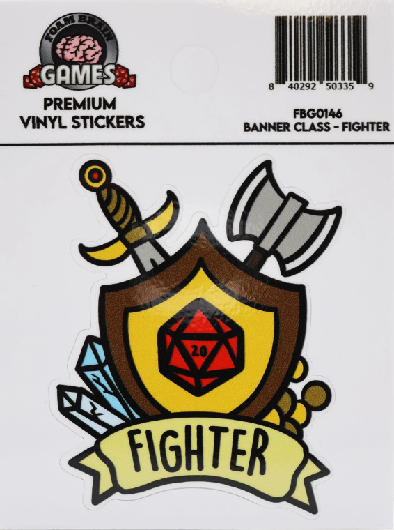 shield, sword, battle axe, crystals, and gold in a cartoon-style illustration with text on banner