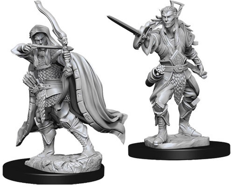 Two unpainted Male Elf Rogue miniatures on a white background. The one on the left is wielding a longbow and the one on the right is wielding a sword.