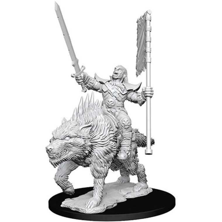 An unpainted Orc on Dire Wolf miniature on a white background.