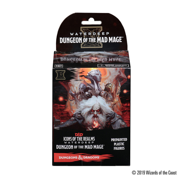 An Icons of the Realms Dungeon of the Mad Mage booster box featuring art from the campaign book cover.