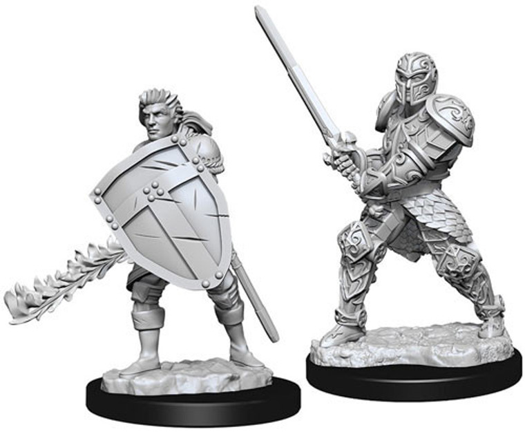 Two unpainted Male Human Fighter miniatures on a white background. The one on the left is wielding a shield and the one on the right is wielding a two handed sword.