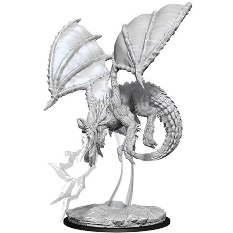 An unpainted Young Blue Dragon miniature flying through the air on a white background.