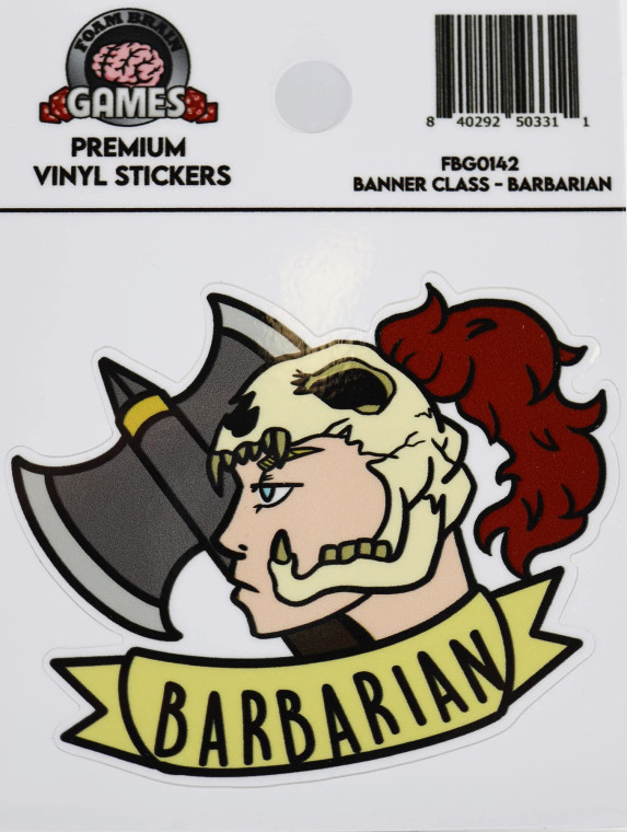 Face in profile with skull helmet on and battle axe in background in a cartoon-style illustration with text on banner