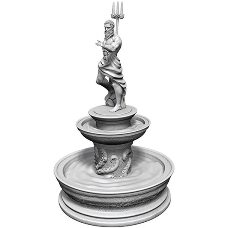 An unpainted Fountain miniature with a person on the top resembling Poseidon wielding a trident with a white background.