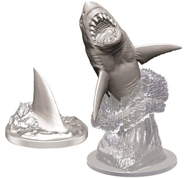 An unpainted Shark and Shark Fin miniature on a white background. The Shark miniature is should jumping out of water.