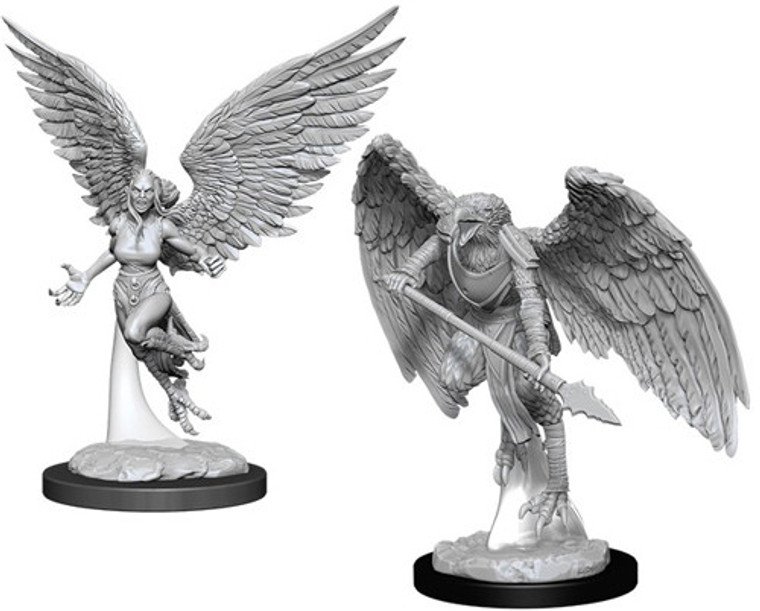 An unpainted Harpy and Arakocra miniature flying in the air with a white background. The Harpy is unarmed and the Arakocra is wielding a spear.
