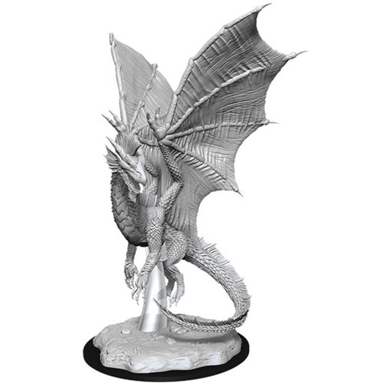 An unpainted Young Silver Dragon miniature hovering above the ground on a white background.