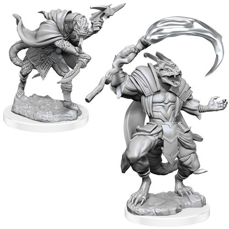 Two unpainted serpentfolk miniatures on a white background. The one on the left is wielding a dagger and crossbow and the one on the right is wielding a staff and casting magic.