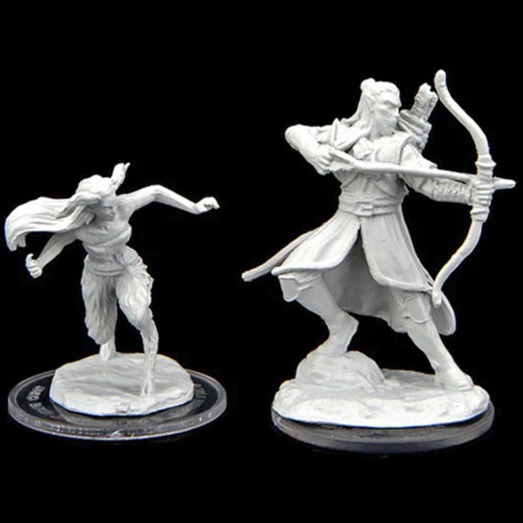 An unpainted Verdant Guard Marksman and Satyr miniature on a black background