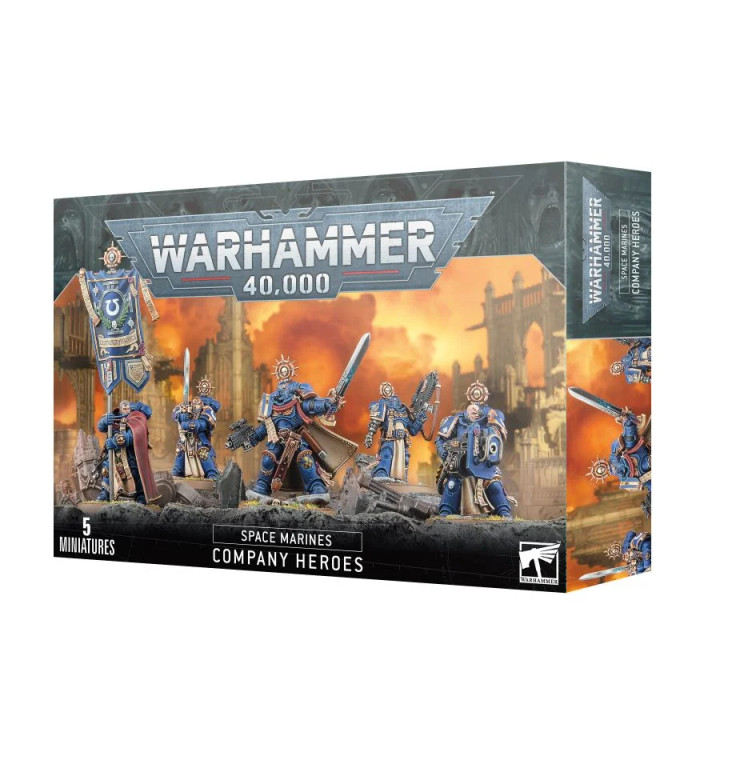 A Warhammer 40,000 box featuring five fully painted Company Heroes miniatures on a rocky surface.