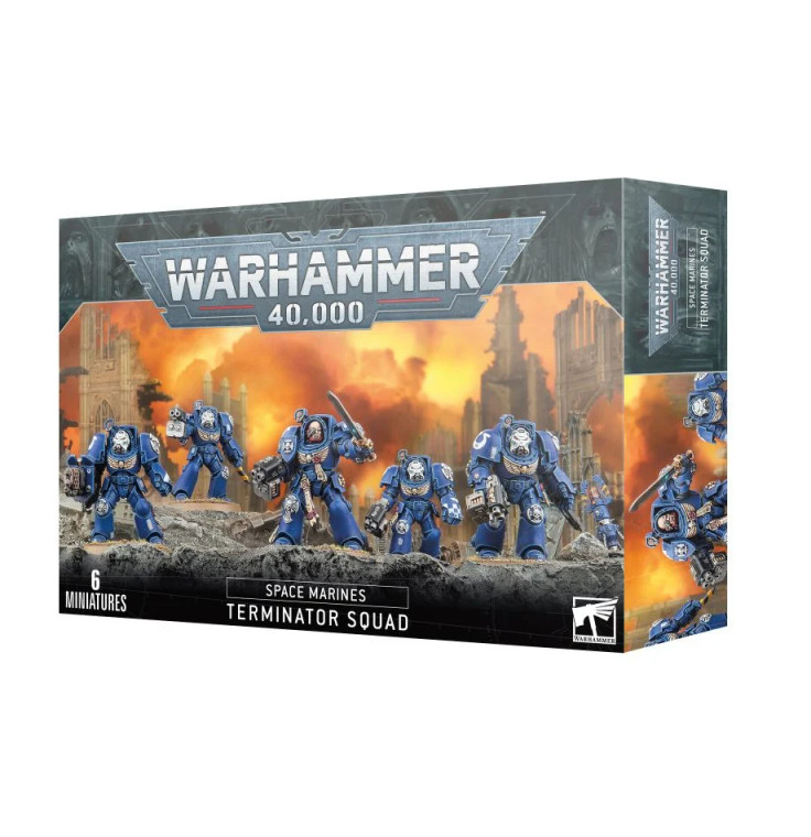 A Warhammer 40,000 box featuring an image of 6 fully painted Terminator Squad miniatures on a rocky surface.