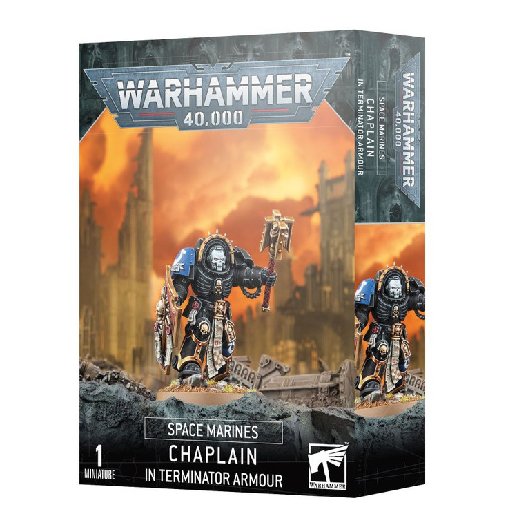 A Warhammer 40,000 box featuring an image of a fully painted Chaplain in Terminator Armour miniature on a rocky surface.
