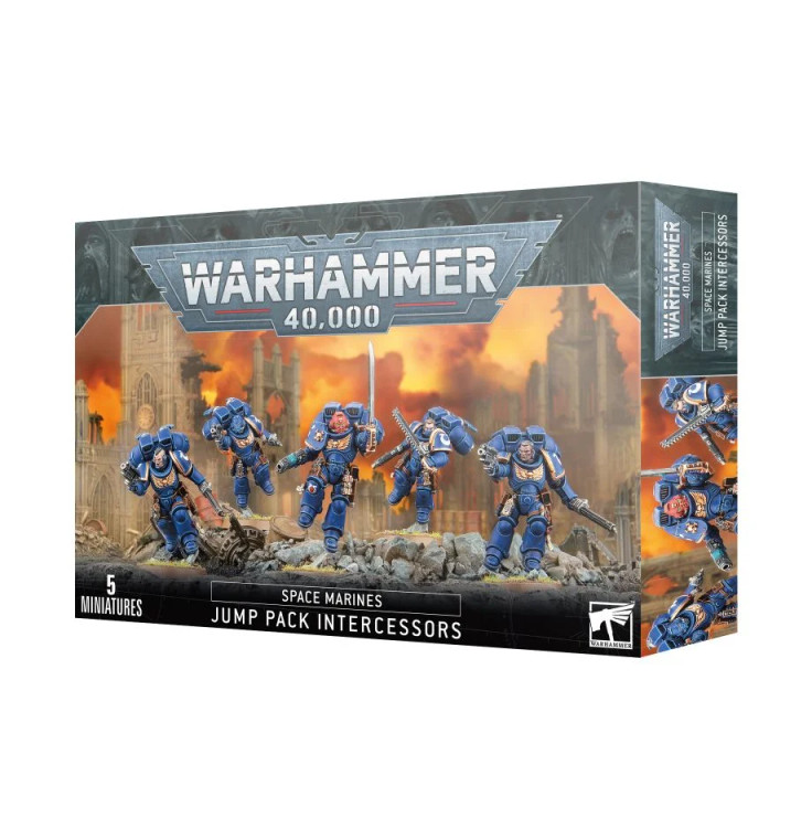 A Warhammer 40,000 box featuring an image of five fully painted Jump Pack Intercessor miniatures on a rocky surface.