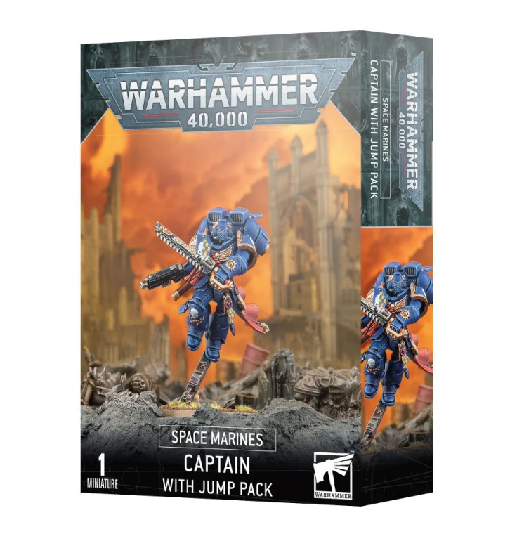 A Warhmanner 40,000 box featuring an image of a fully painted Captain with Jump Pack miniature jumping in the air with a rocky surface below.