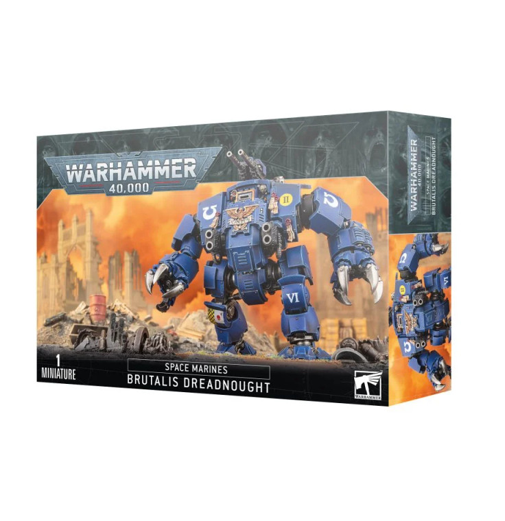 A Warhammer 40,000 box featuring an image of a Brutalis Dreadnought walking through rubble.