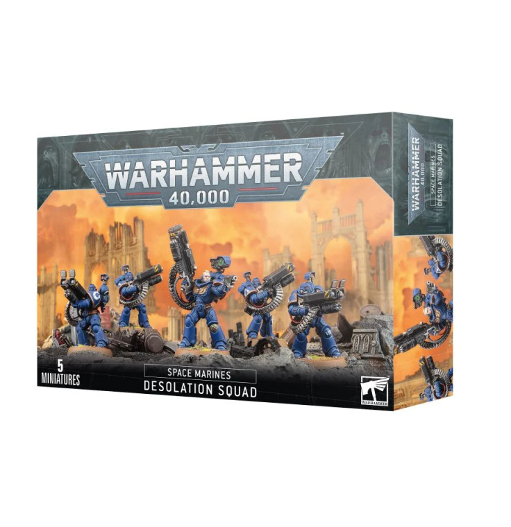 A Warhammer 40,000  box featuring an image of five painted Desolation Squad miniatures on rocky terrain.