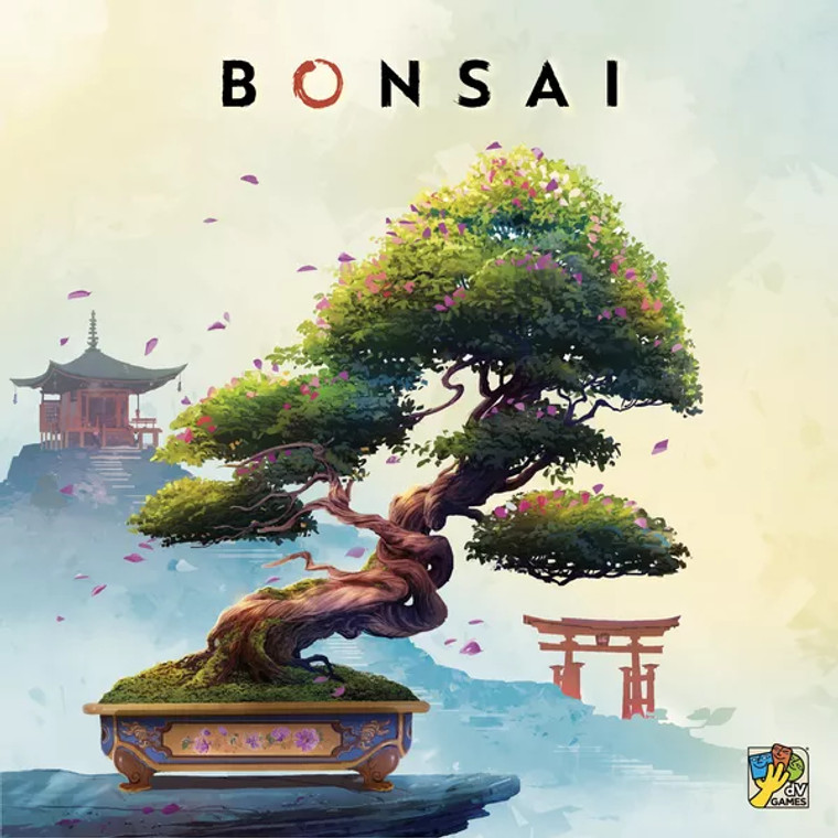 The cover of the board game "Bonsai". A bonsai tree is featured on the forefront, and in the background, you can see a traditionally Japanese temple on the left, and a Japanese arch on the right.