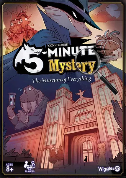 A board game titled '5-Minute Mystery' featuring a masked mammal with a mischievous grin above an ornate museum facade at night.
