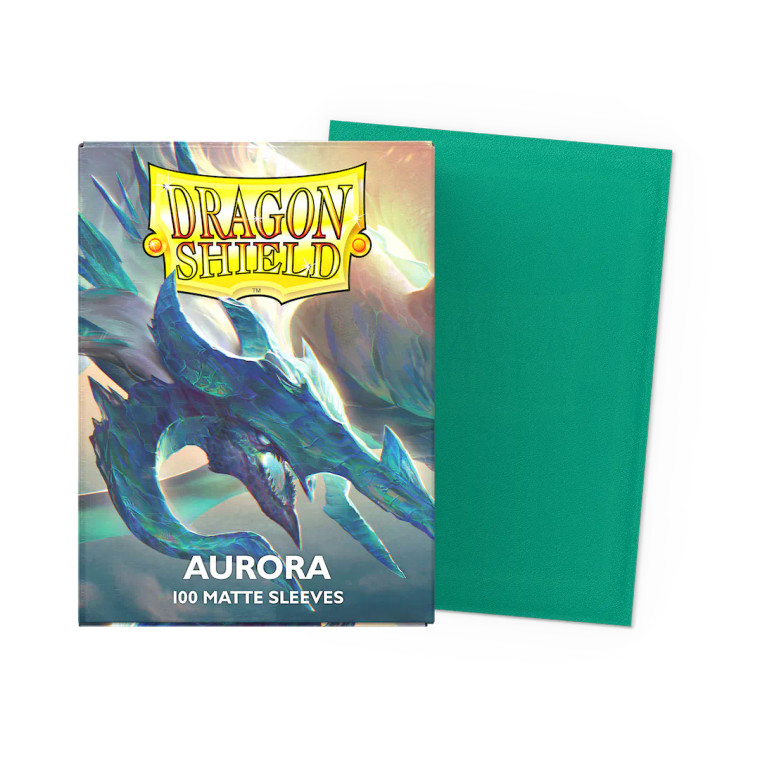 Dragon shield sleeve box featuring art of a closeup of a blue iridescent dragon with horns. To the right of the box is a sample sleeve showcasing the Aurora sleeve color.