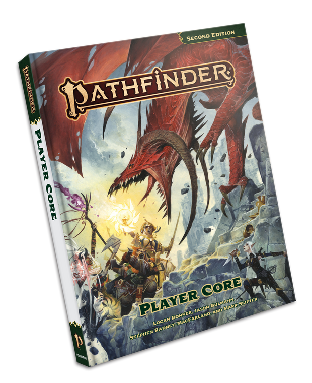 Pathfinder Player Core book featuring art of four pathfinder characters fighting a red dragon.